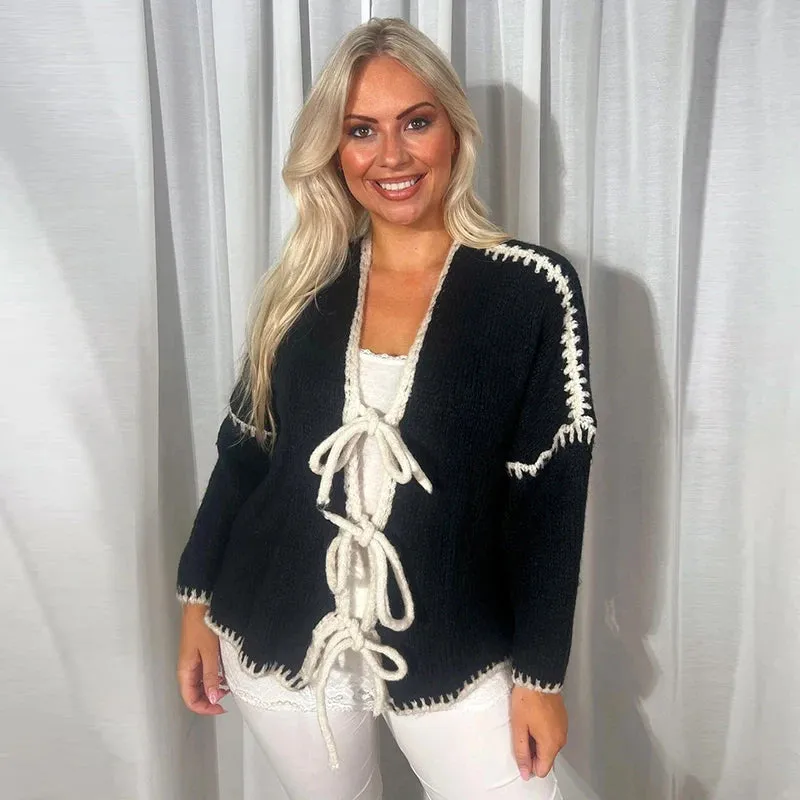 Oversized Hollow Contrast Bow Lace-Up  Knitwear Cardigan