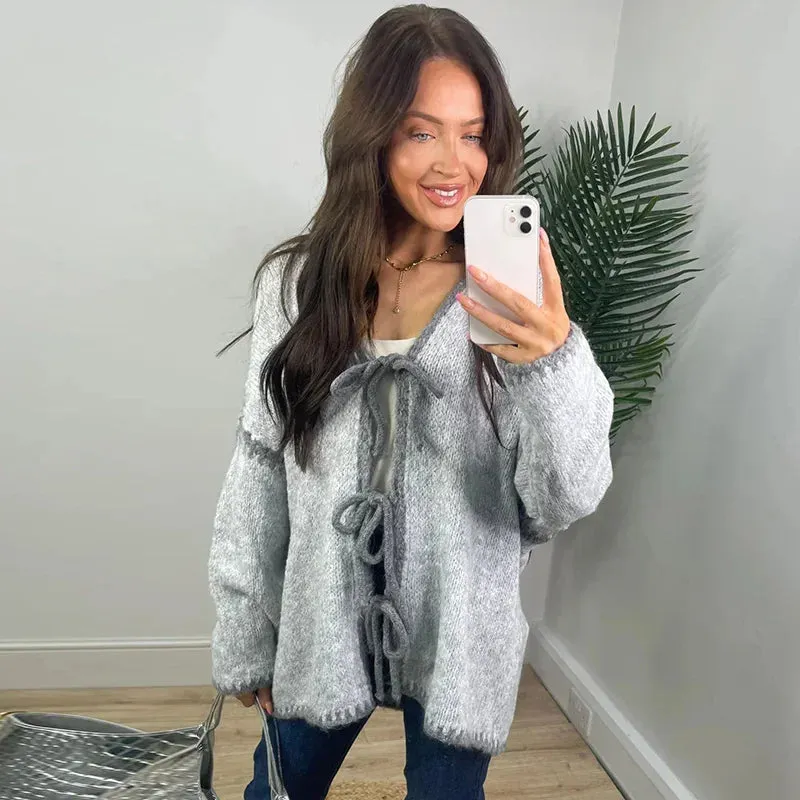 Oversized Hollow Contrast Bow Lace-Up  Knitwear Cardigan