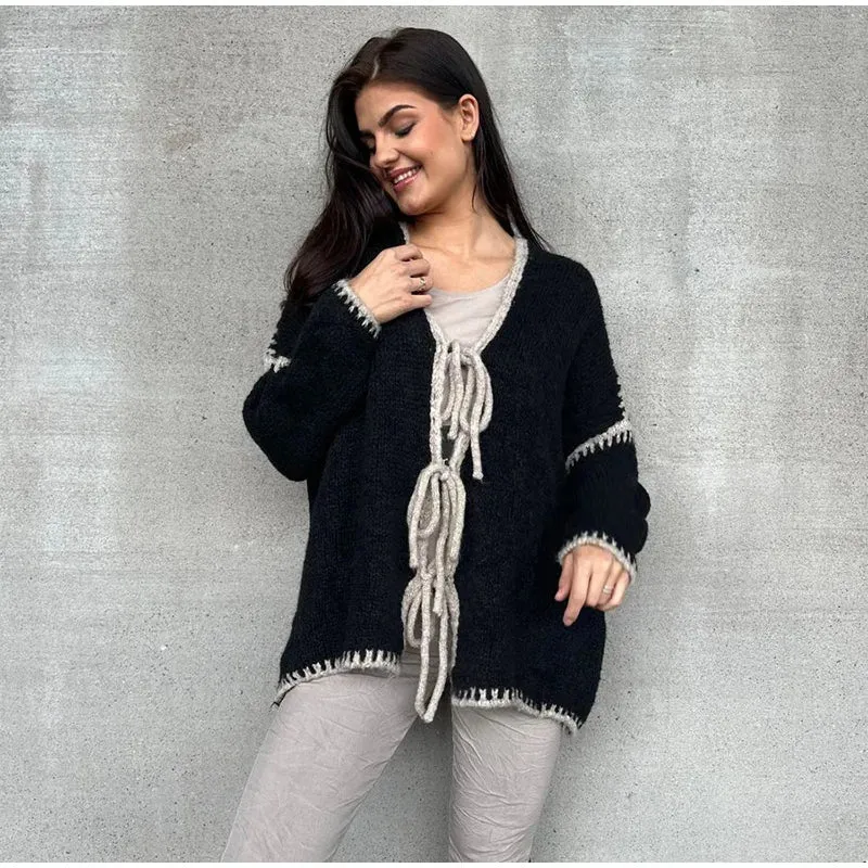 Oversized Hollow Contrast Bow Lace-Up  Knitwear Cardigan