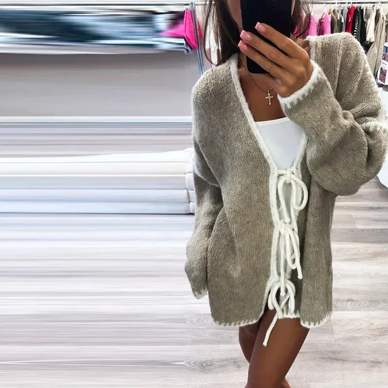 Oversized Hollow Contrast Bow Lace-Up  Knitwear Cardigan