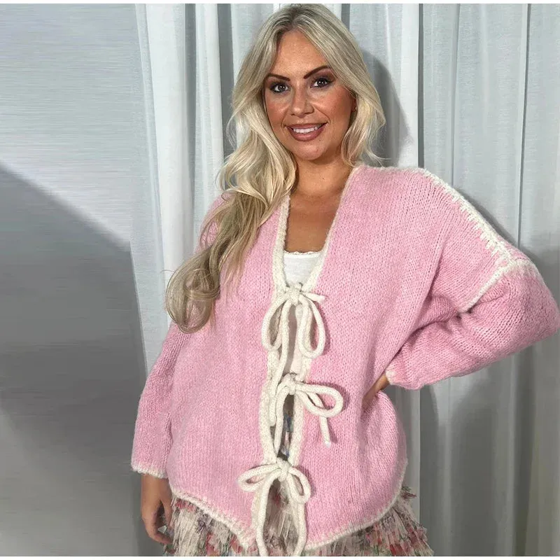 Oversized Hollow Contrast Bow Lace-Up  Knitwear Cardigan