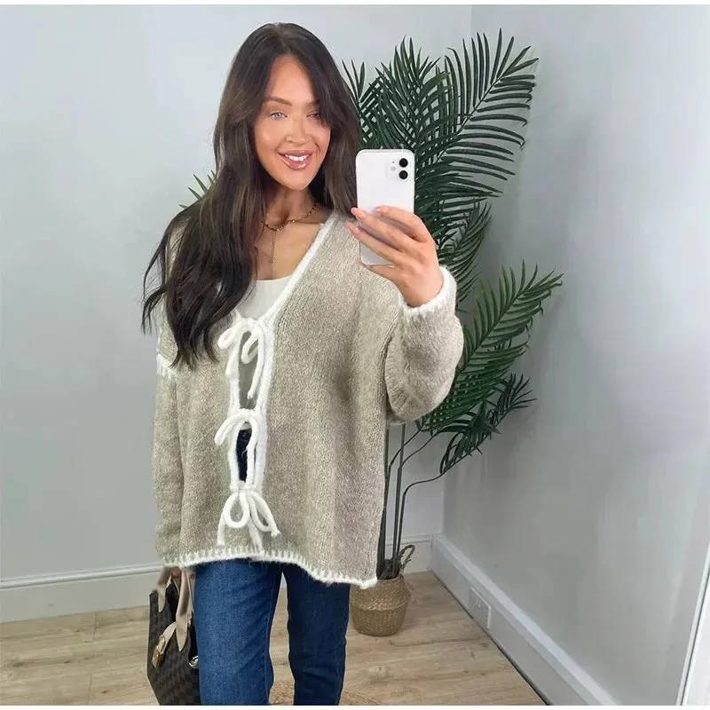 Oversized Hollow Contrast Bow Lace-Up  Knitwear Cardigan