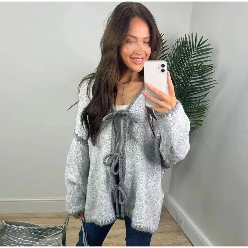 Oversized Hollow Contrast Bow Lace-Up  Knitwear Cardigan