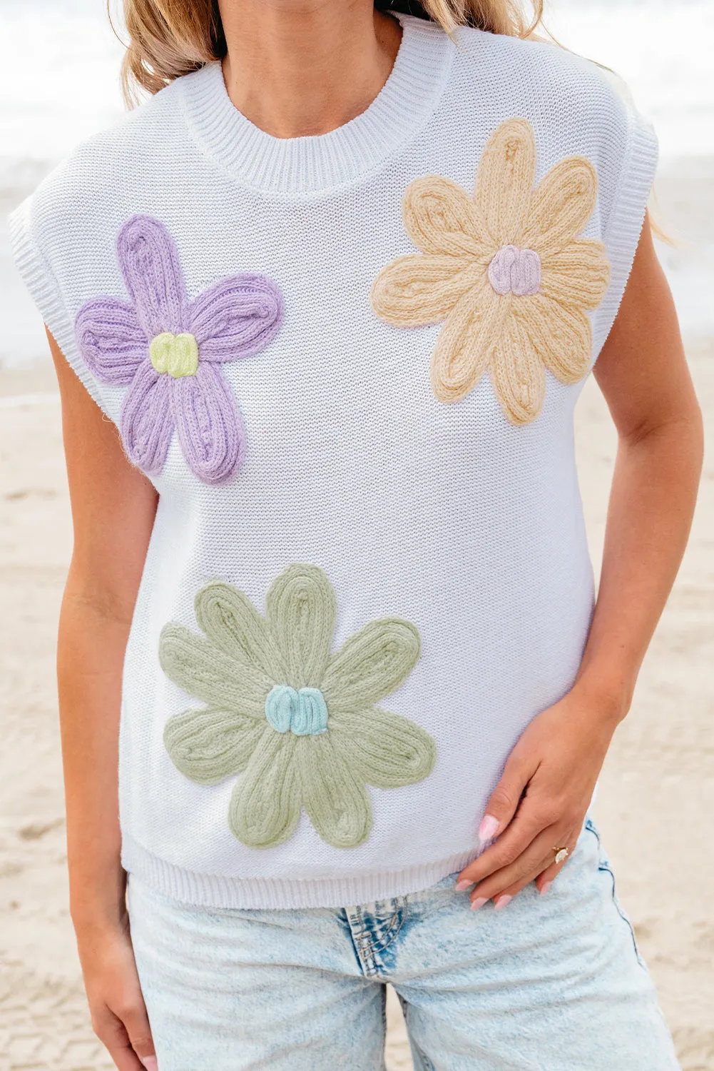 Pink Multi Crochet Flower Knit Short Sleeve Sweater Top