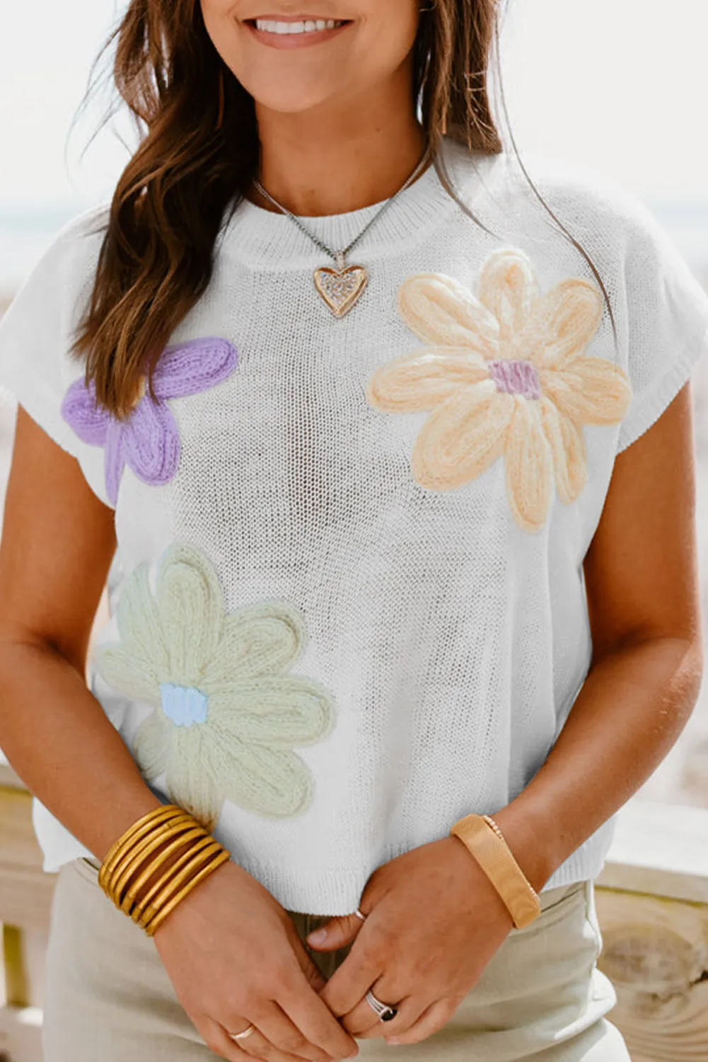 Pink Multi Crochet Flower Knit Short Sleeve Sweater Top