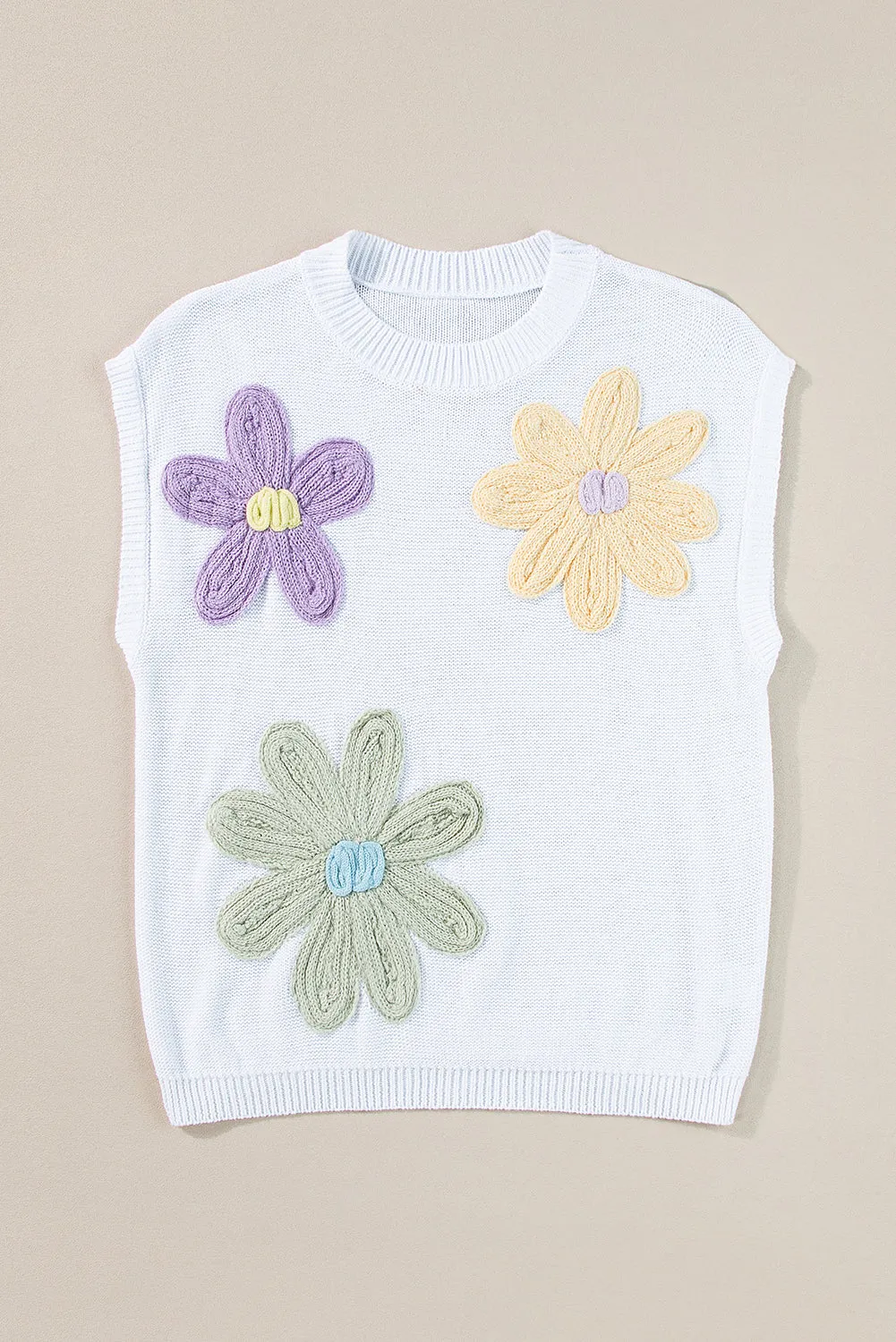 Pink Multi Crochet Flower Knit Short Sleeve Sweater Top