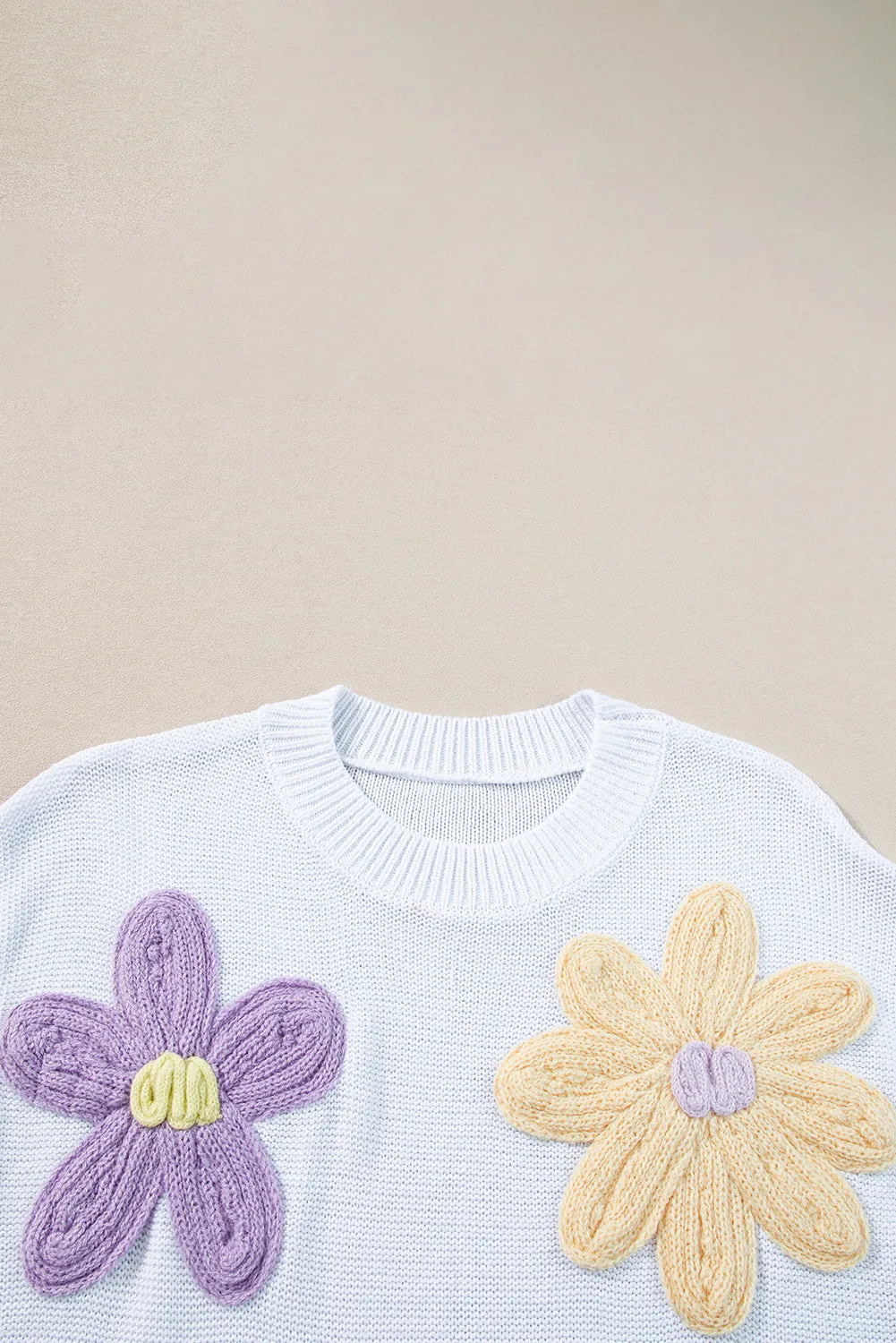 Pink Multi Crochet Flower Knit Short Sleeve Sweater Top