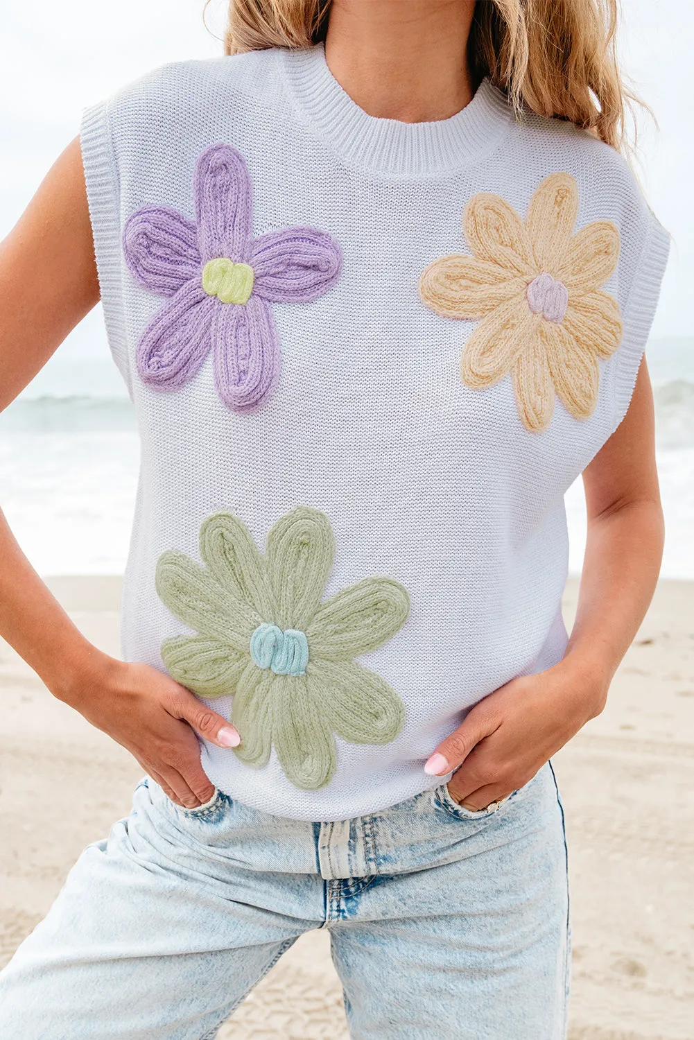 Pink Multi Crochet Flower Knit Short Sleeve Sweater Top