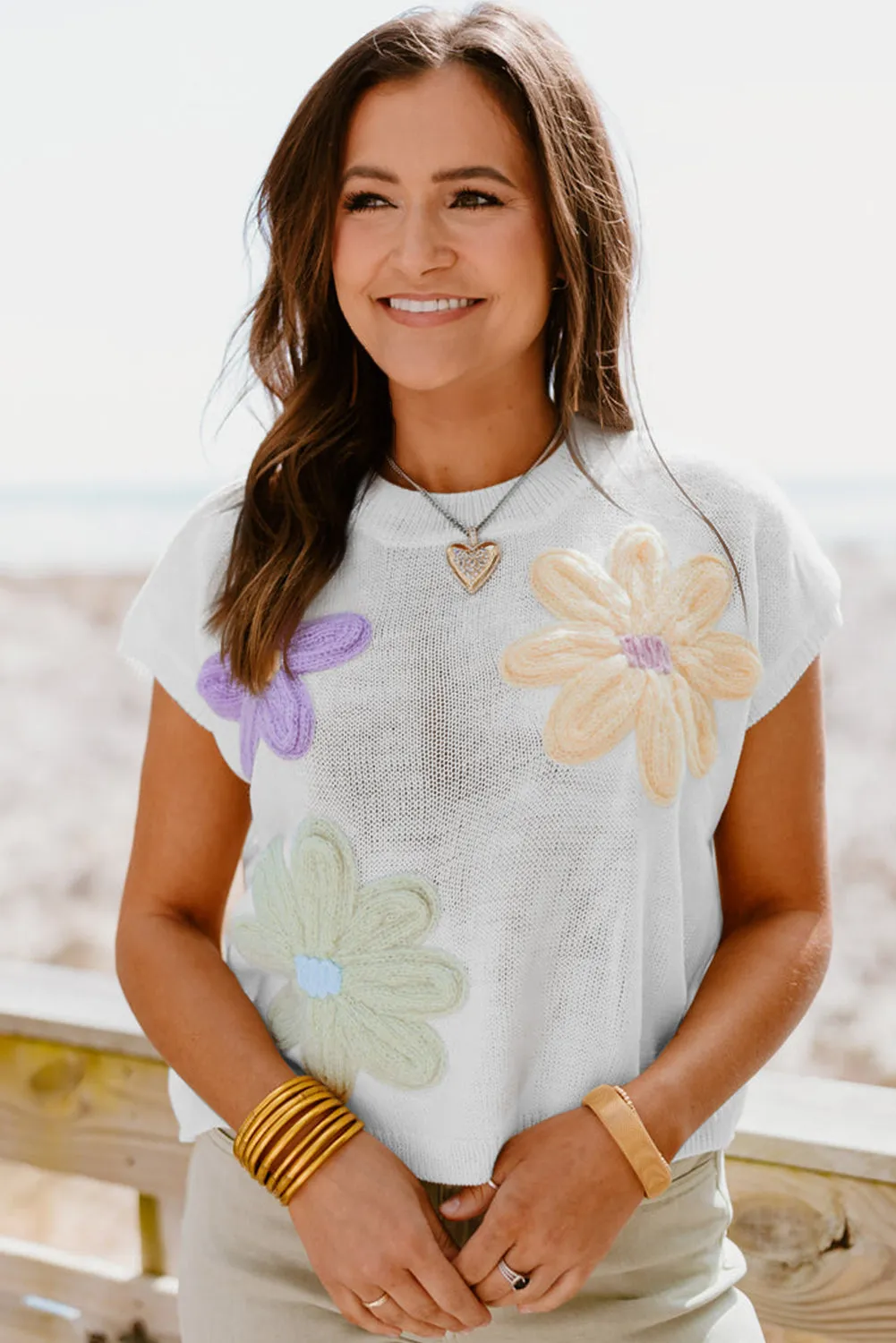 Pink Multi Crochet Flower Knit Short Sleeve Sweater Top