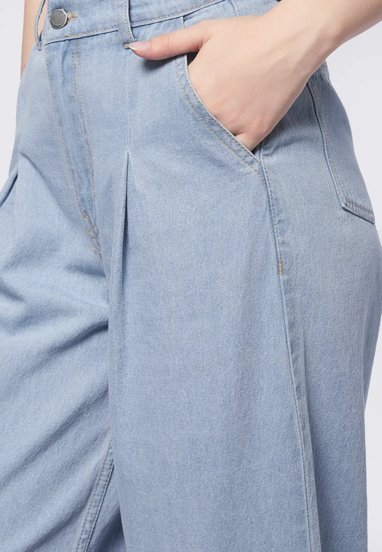 Pleated Wide Leg Denim Pants