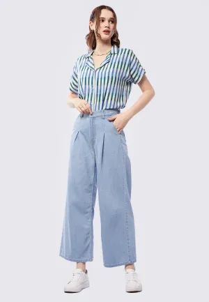 Pleated Wide Leg Denim Pants
