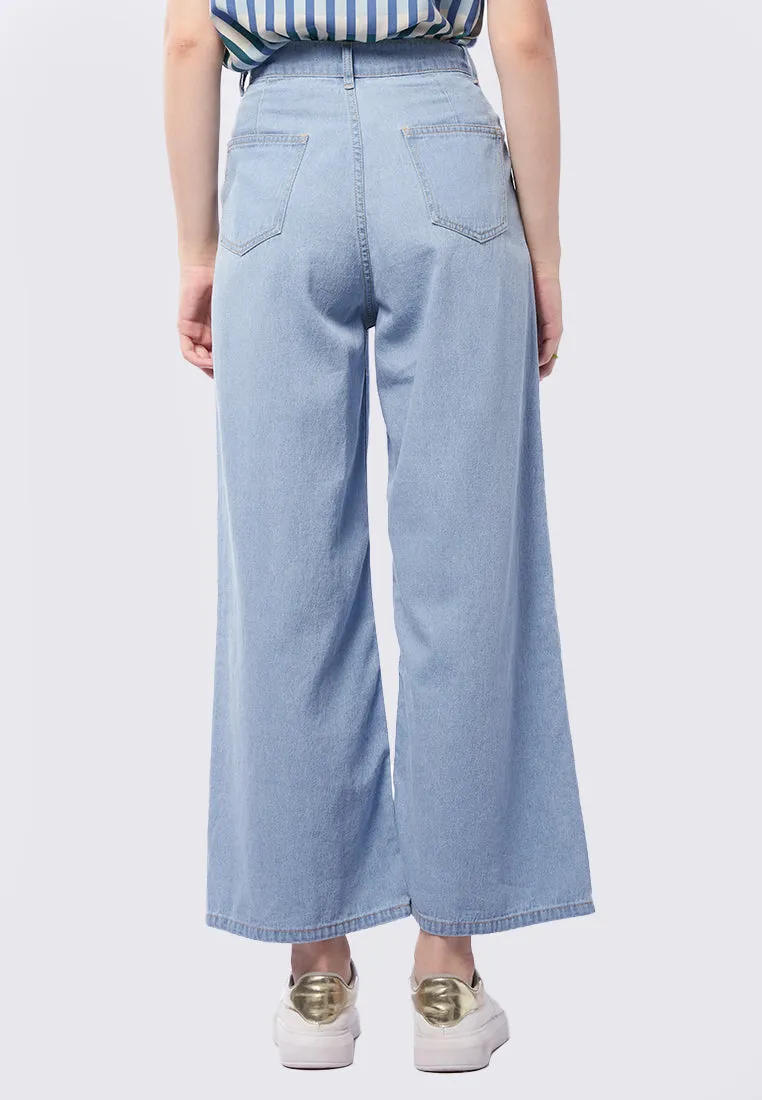Pleated Wide Leg Denim Pants