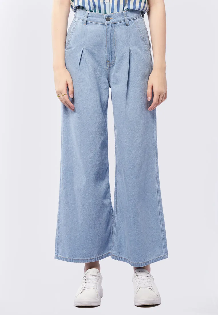 Pleated Wide Leg Denim Pants
