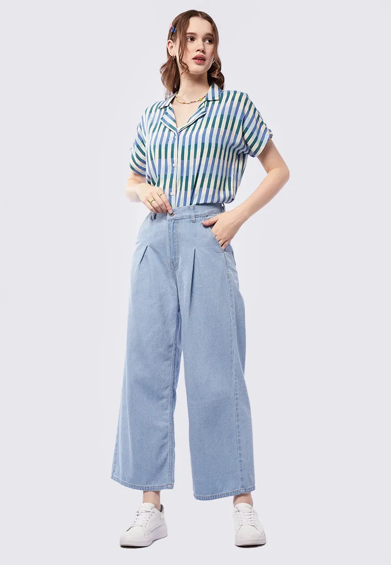 Pleated Wide Leg Denim Pants