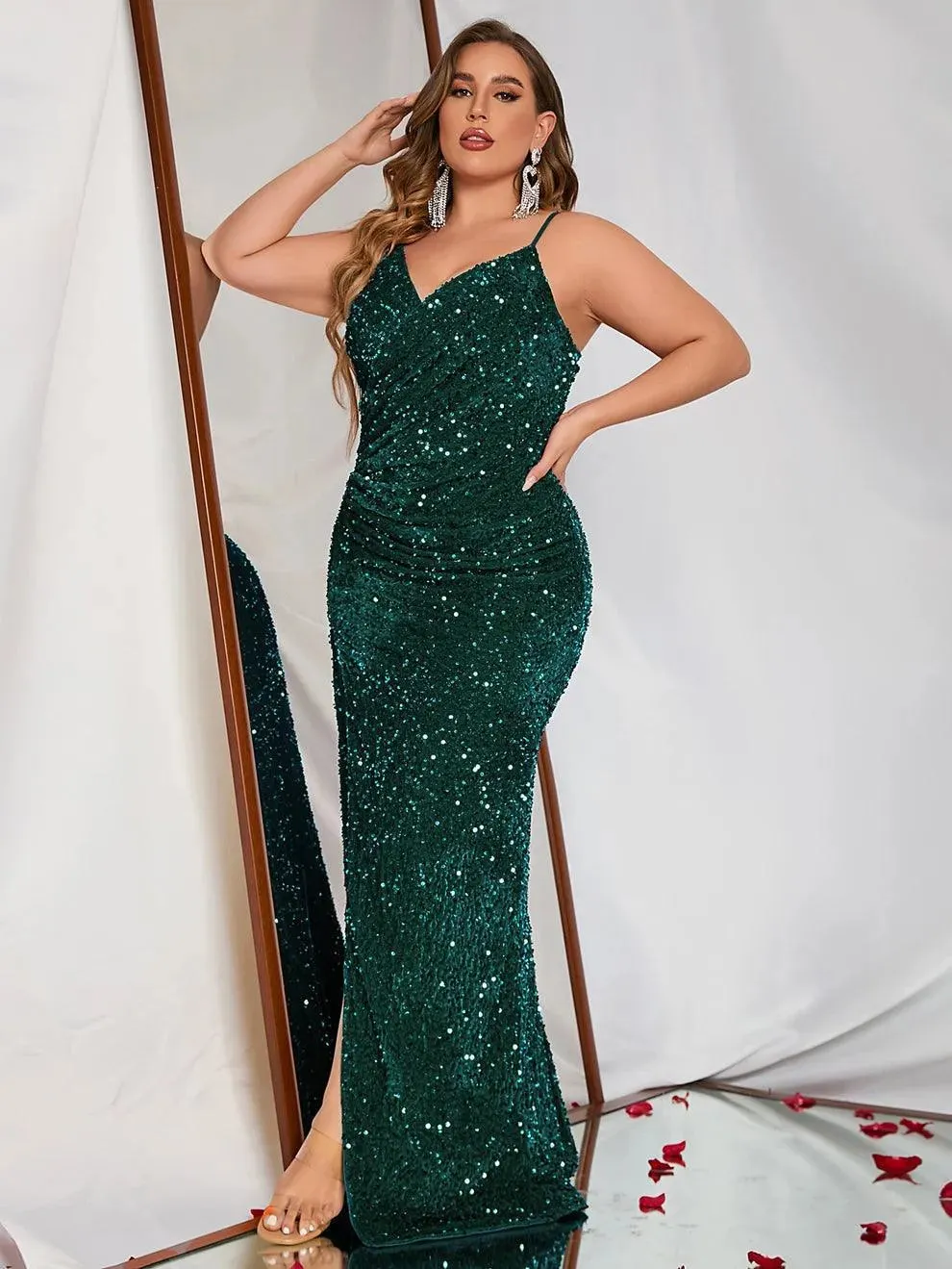 Plus Spaghetti Strap Sleeveless High Split Sequin Dress