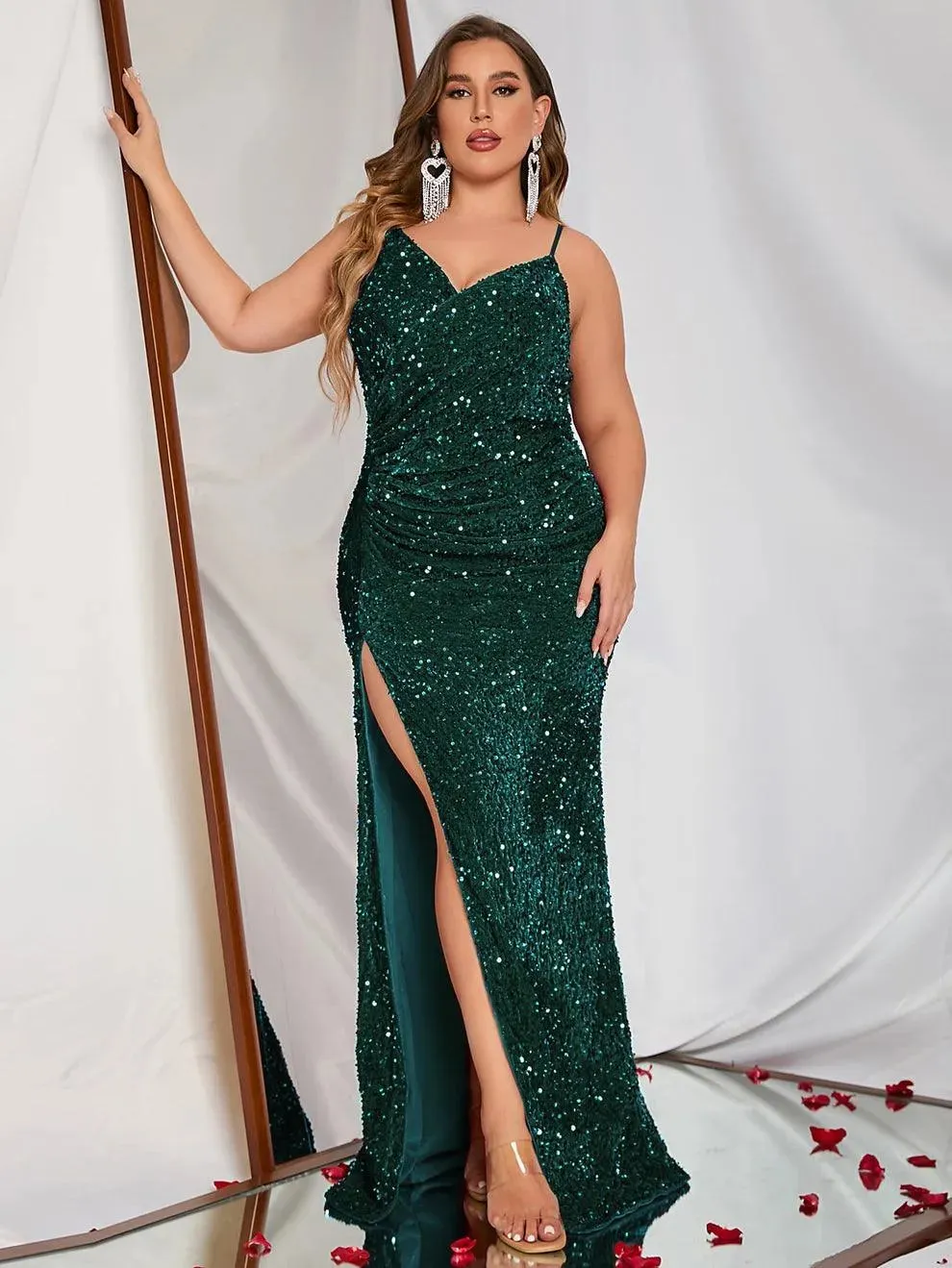 Plus Spaghetti Strap Sleeveless High Split Sequin Dress