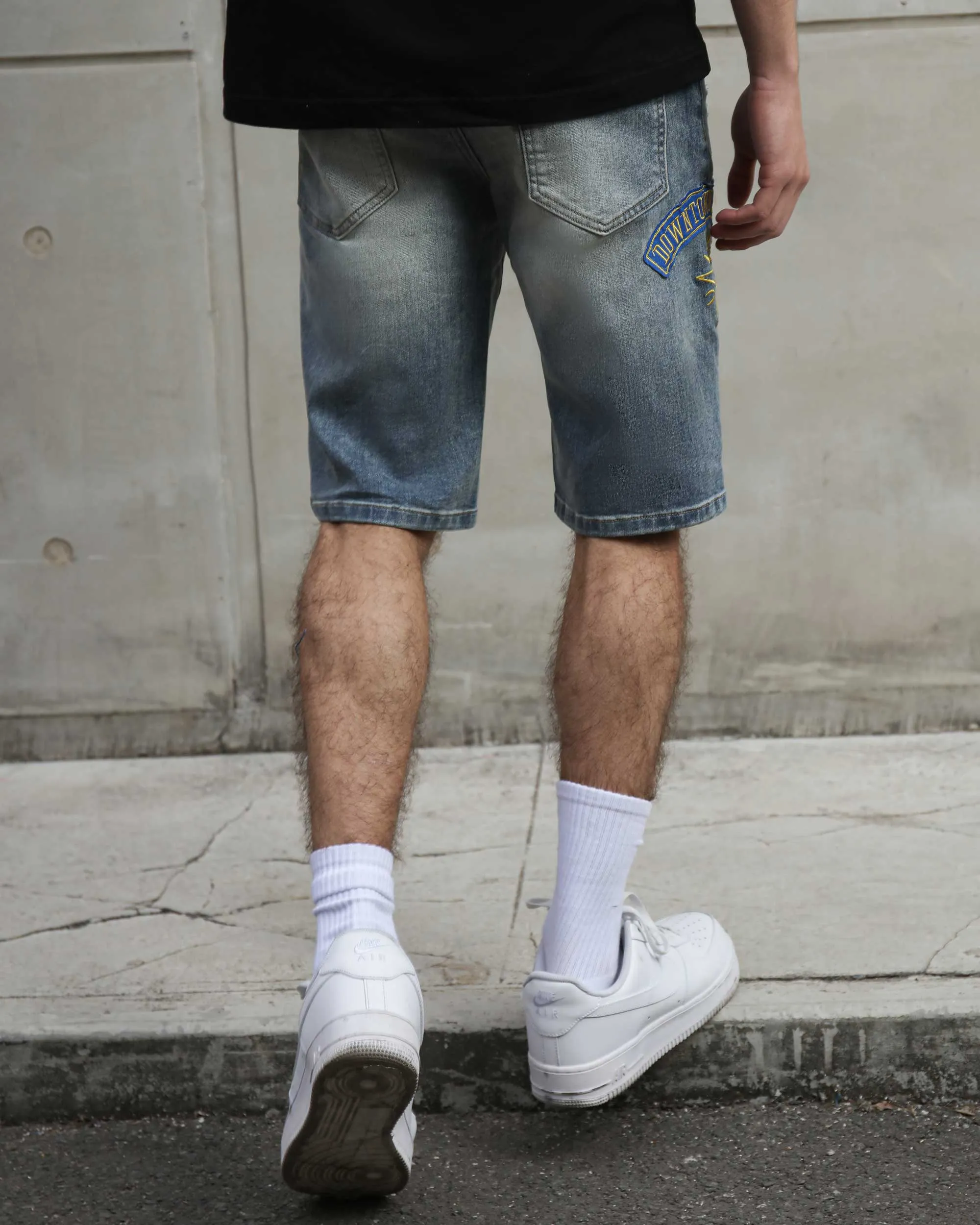 Ripped & Repaired Blue Denim Shorts with Embroidery