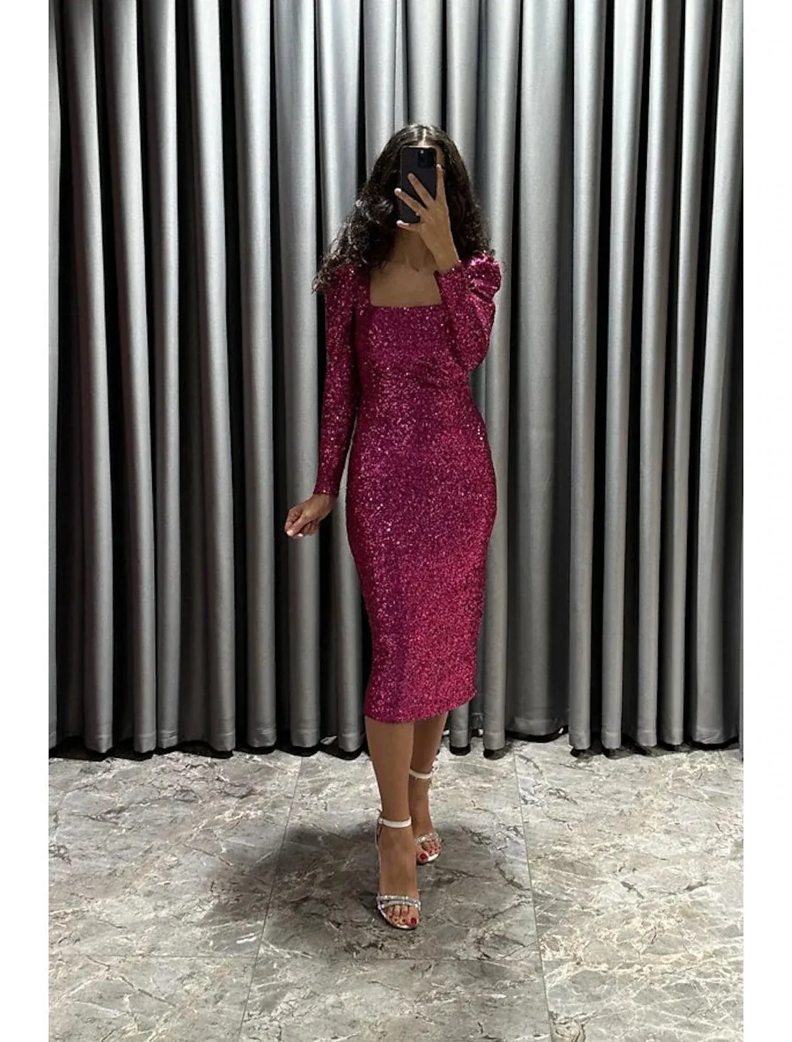 Sheath / Column Evening Gown Elegant Dress Formal Fall Tea Length Long Sleeve Square Neck Sequined with Glitter Slit