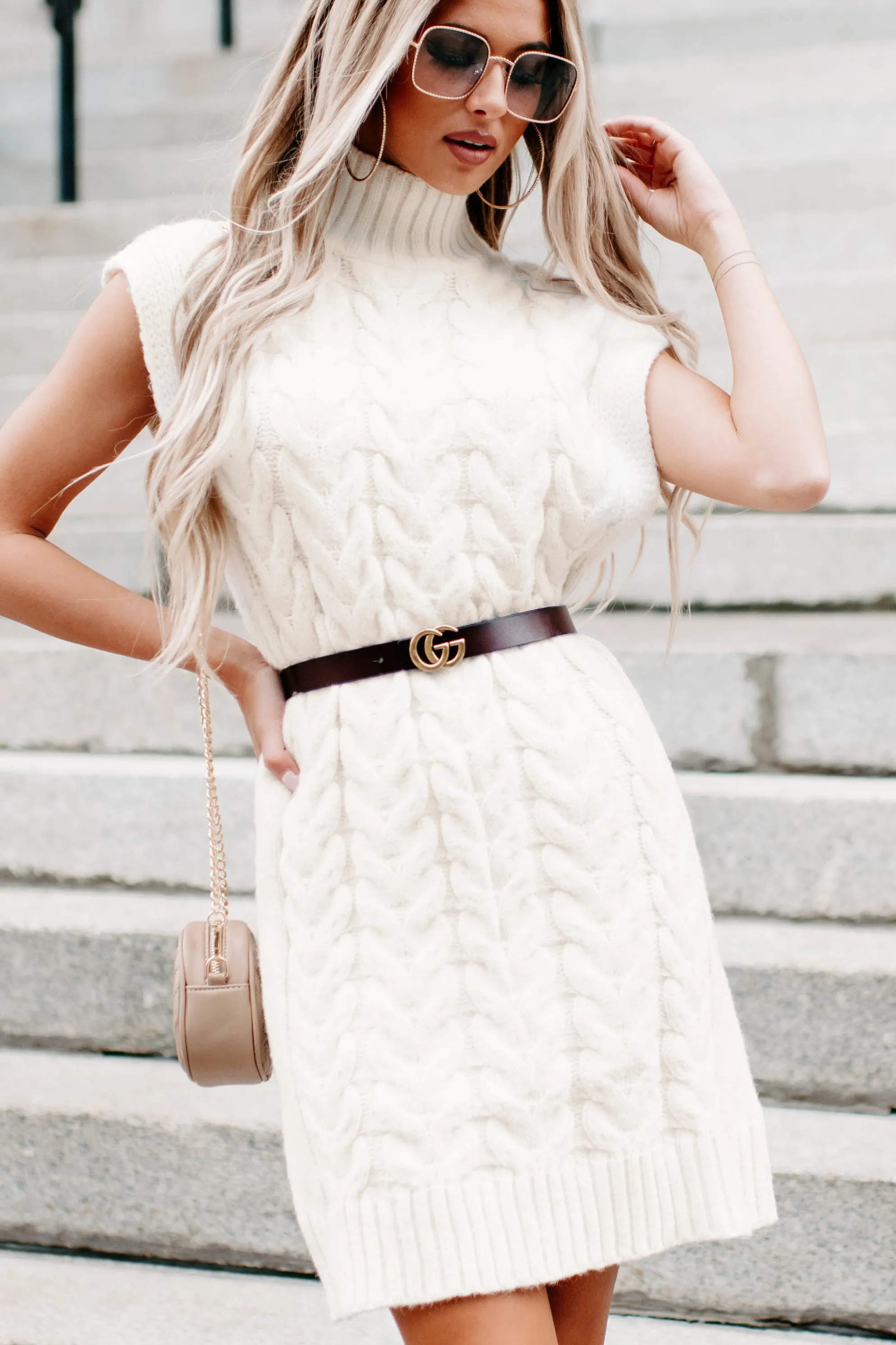 Single In Vail Sleeveless Turtle Neck Sweater Dress (Cream)