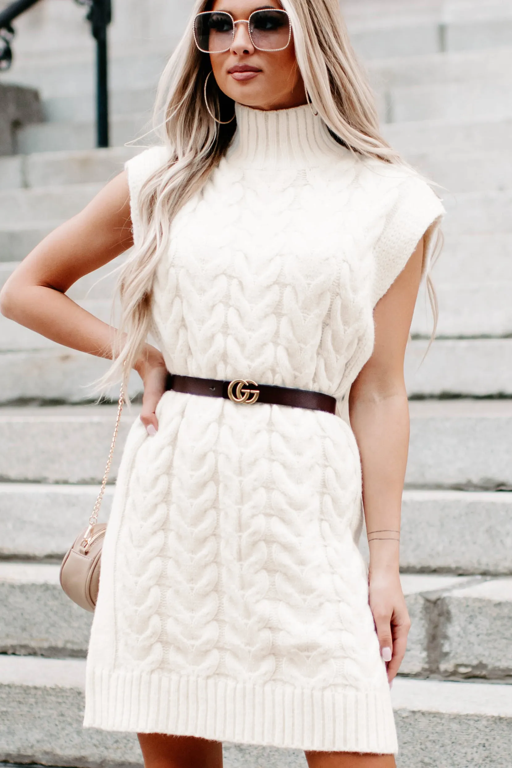 Single In Vail Sleeveless Turtle Neck Sweater Dress (Cream)