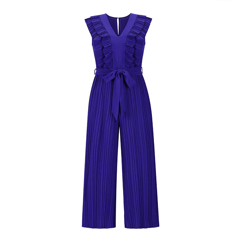 Surplice Neck Ruffle Belted Wide Leg Jumpsuit