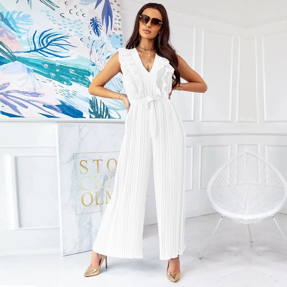 Surplice Neck Ruffle Belted Wide Leg Jumpsuit
