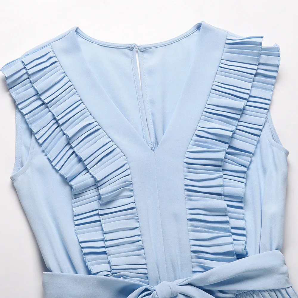 Surplice Neck Ruffle Belted Wide Leg Jumpsuit
