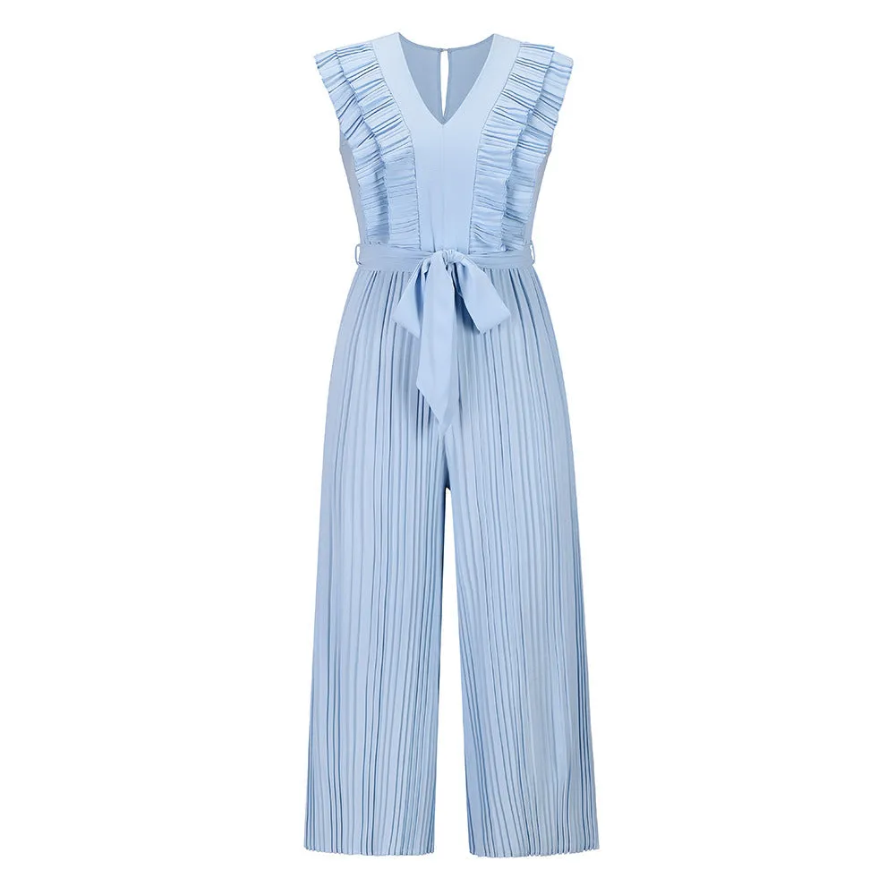 Surplice Neck Ruffle Belted Wide Leg Jumpsuit
