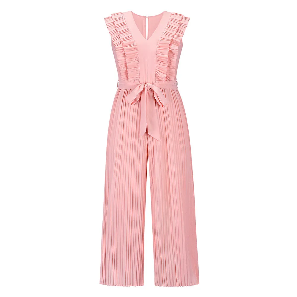 Surplice Neck Ruffle Belted Wide Leg Jumpsuit