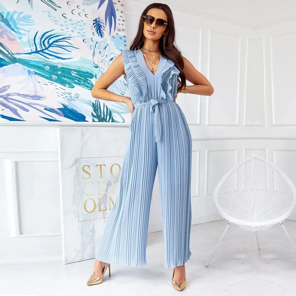 Surplice Neck Ruffle Belted Wide Leg Jumpsuit