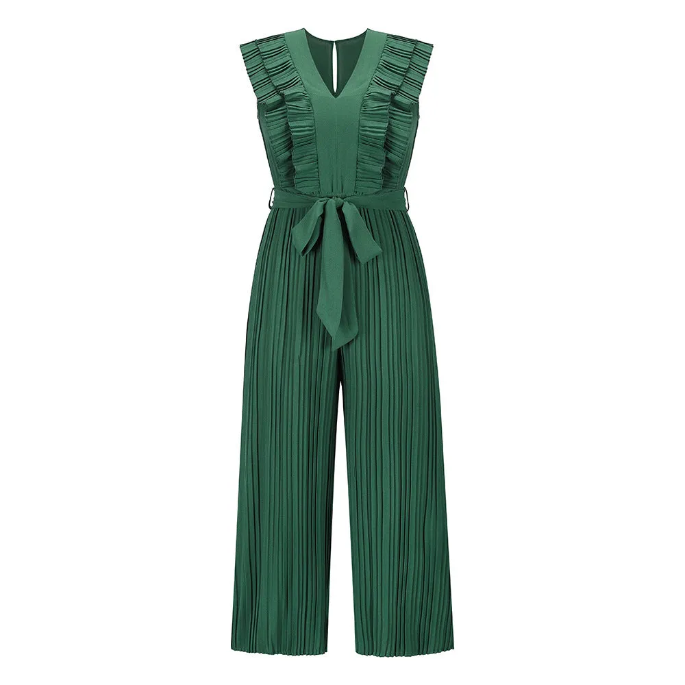 Surplice Neck Ruffle Belted Wide Leg Jumpsuit