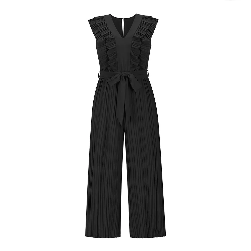 Surplice Neck Ruffle Belted Wide Leg Jumpsuit