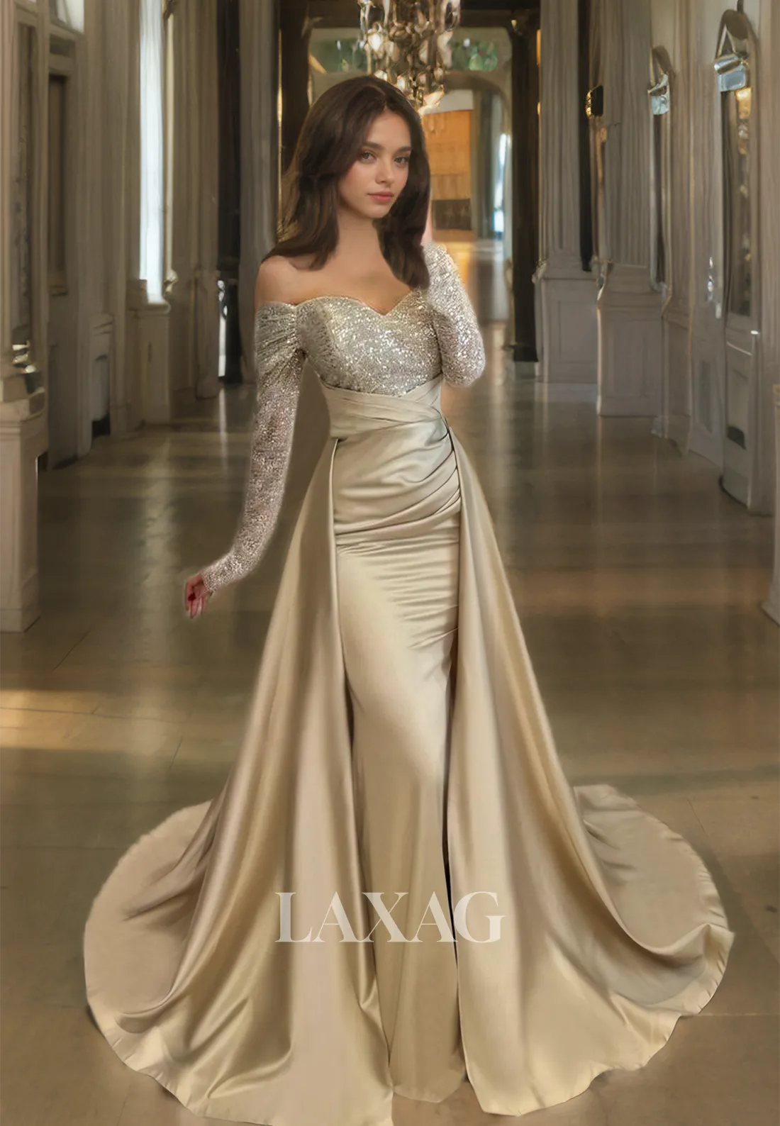 Sweetheart Long-Sleeves Mermaid Prom Dress Sequined Pleated Formal Gowns with Overskirt