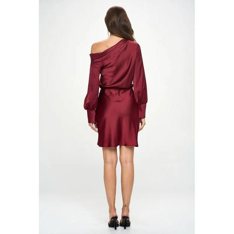 The Merlot Burgundy Satin Off Shoulder Ruched Asymmetrical Hem Dress