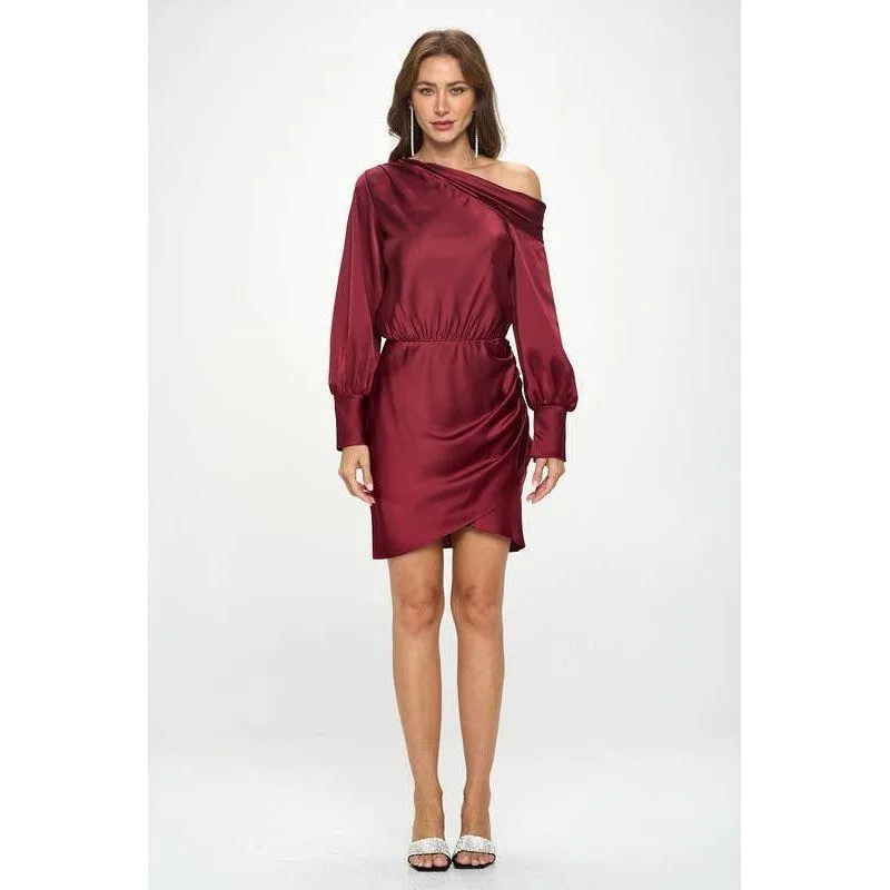 The Merlot Burgundy Satin Off Shoulder Ruched Asymmetrical Hem Dress