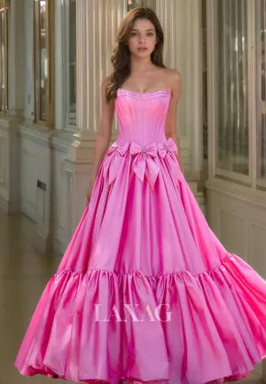 Tube Top Sleeveless Bows Floor-Length Formal Gowns Beaded Pleated Satin A-Line Prom Dress