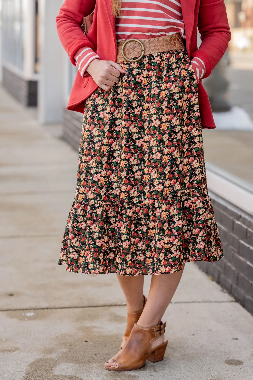 Vintage Floral Ruffle Bottom Midi Skirt