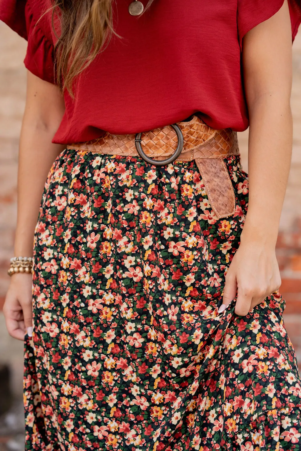 Vintage Floral Ruffle Bottom Midi Skirt