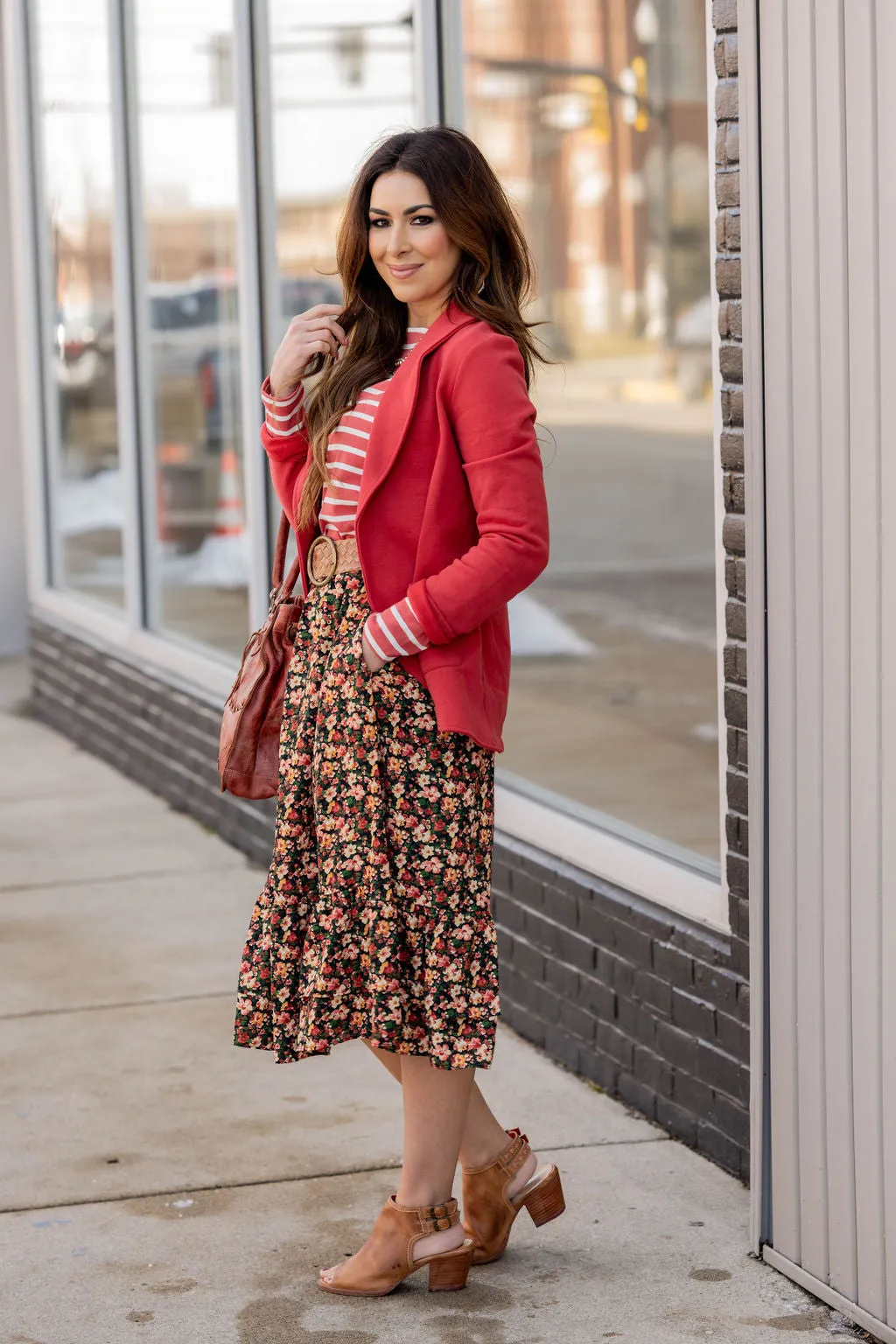Vintage Floral Ruffle Bottom Midi Skirt