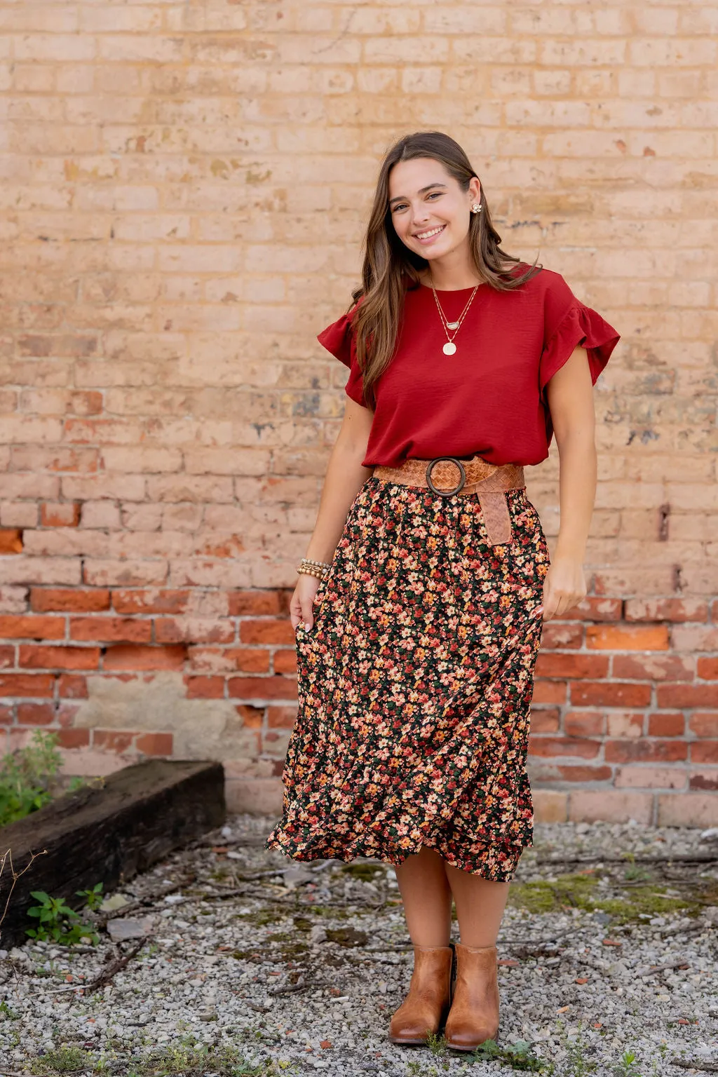 Vintage Floral Ruffle Bottom Midi Skirt
