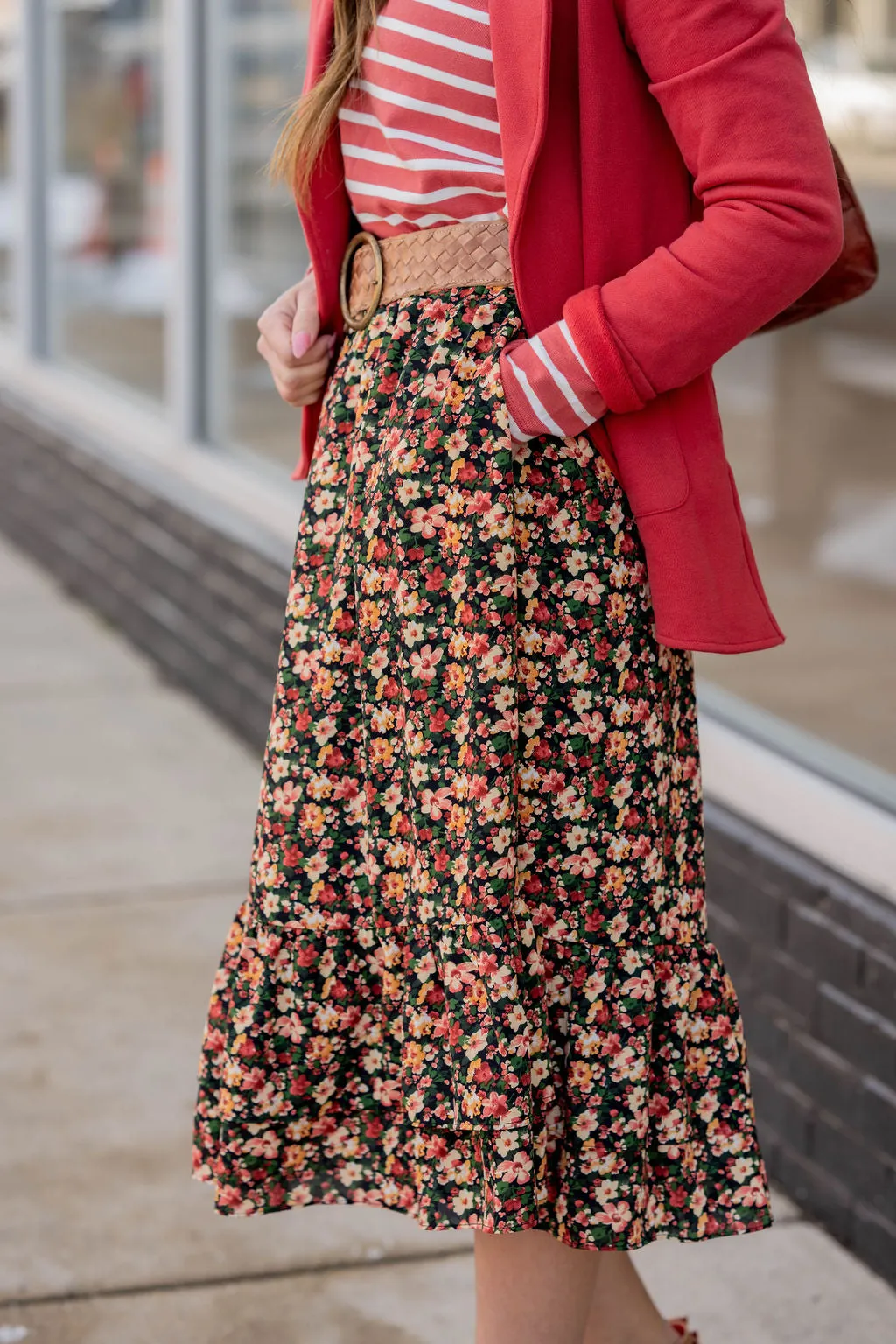 Vintage Floral Ruffle Bottom Midi Skirt