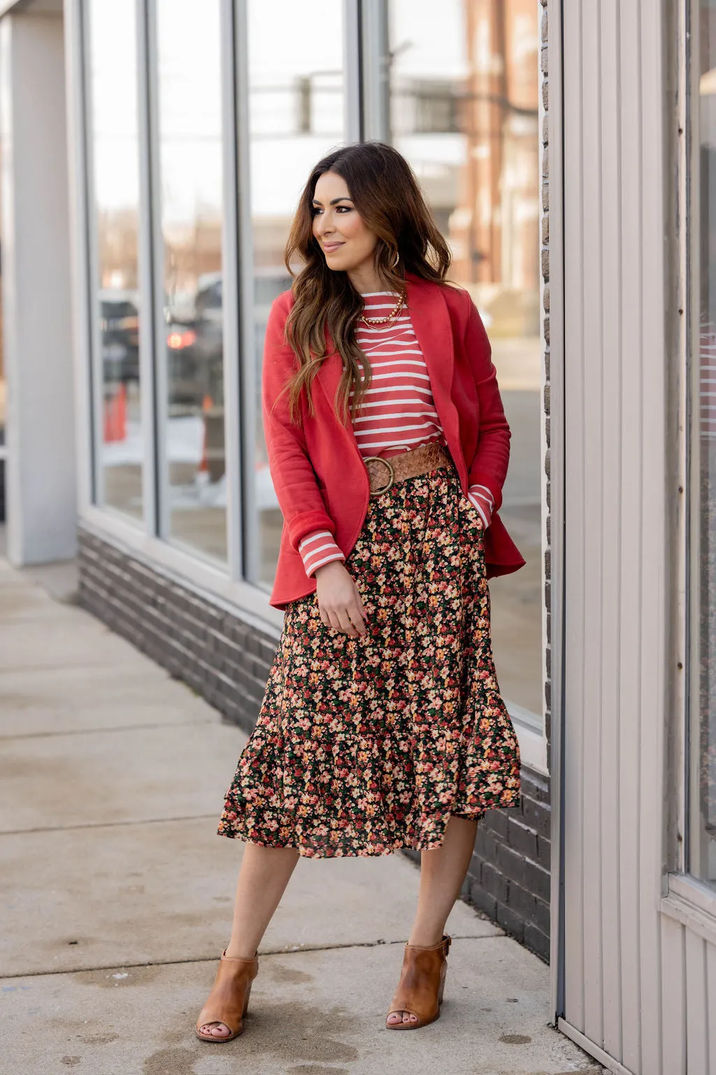 Vintage Floral Ruffle Bottom Midi Skirt