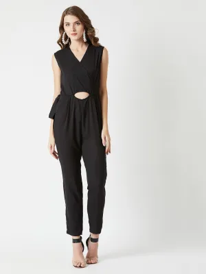 Women's Black V-Neck Sleeveless Solid Belted Cut-out Tie-Up Wrap Jumpsuit