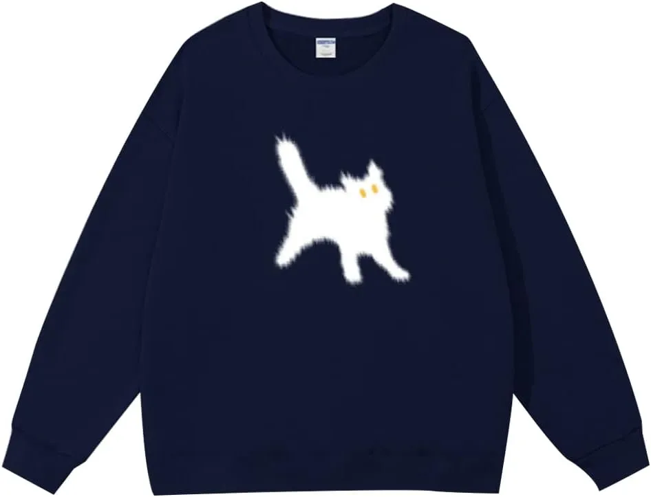 Women's Crewneck Sweatshirts Oversized Casual Long Sleeve Cotton Fall Tops Cute Cat Pattern Pullover Sweatshirt