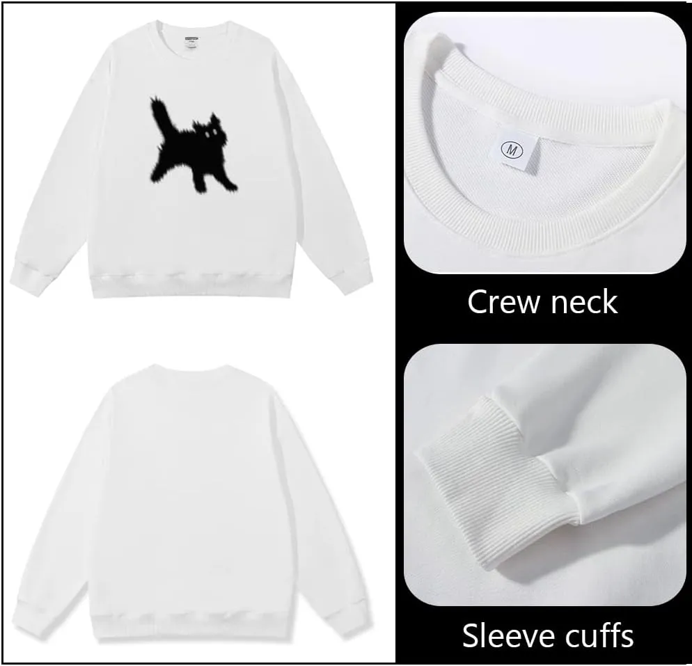 Women's Crewneck Sweatshirts Oversized Casual Long Sleeve Cotton Fall Tops Cute Cat Pattern Pullover Sweatshirt