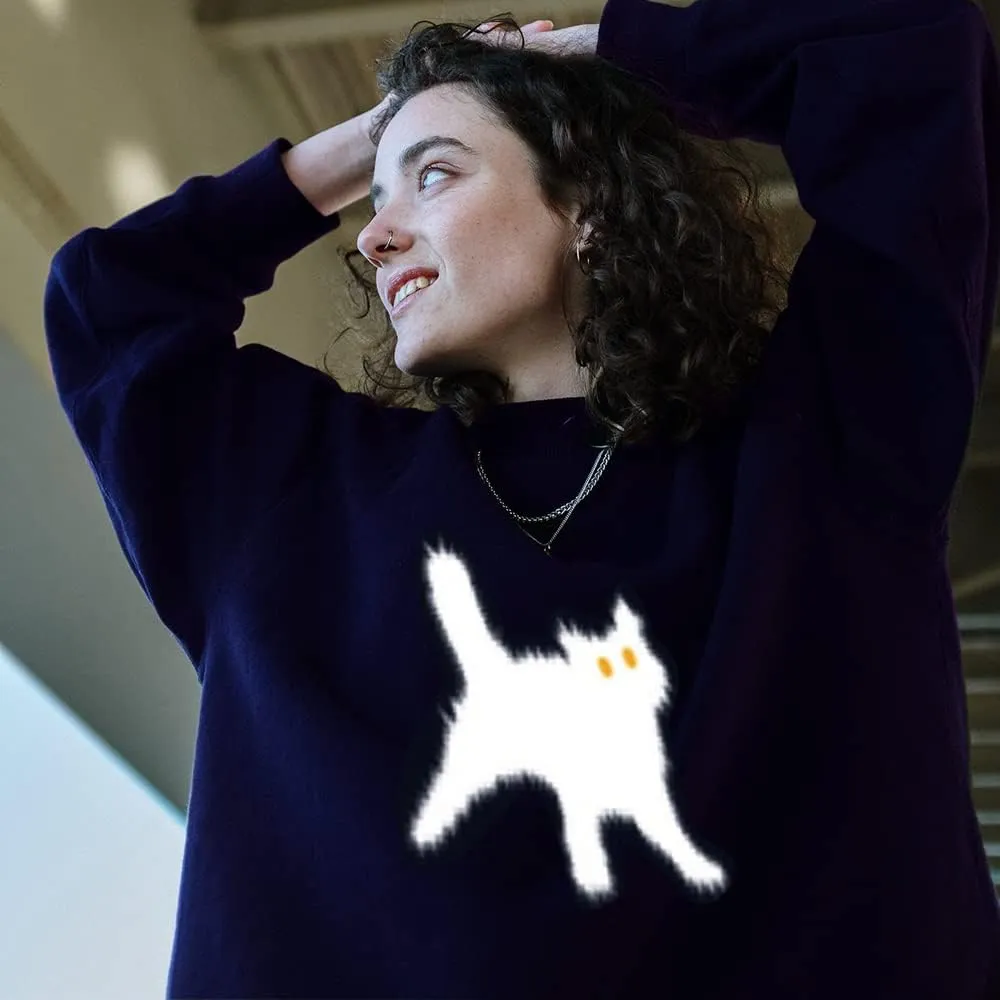 Women's Crewneck Sweatshirts Oversized Casual Long Sleeve Cotton Fall Tops Cute Cat Pattern Pullover Sweatshirt