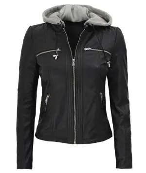 Women's Hooded Biker Leather Jacket