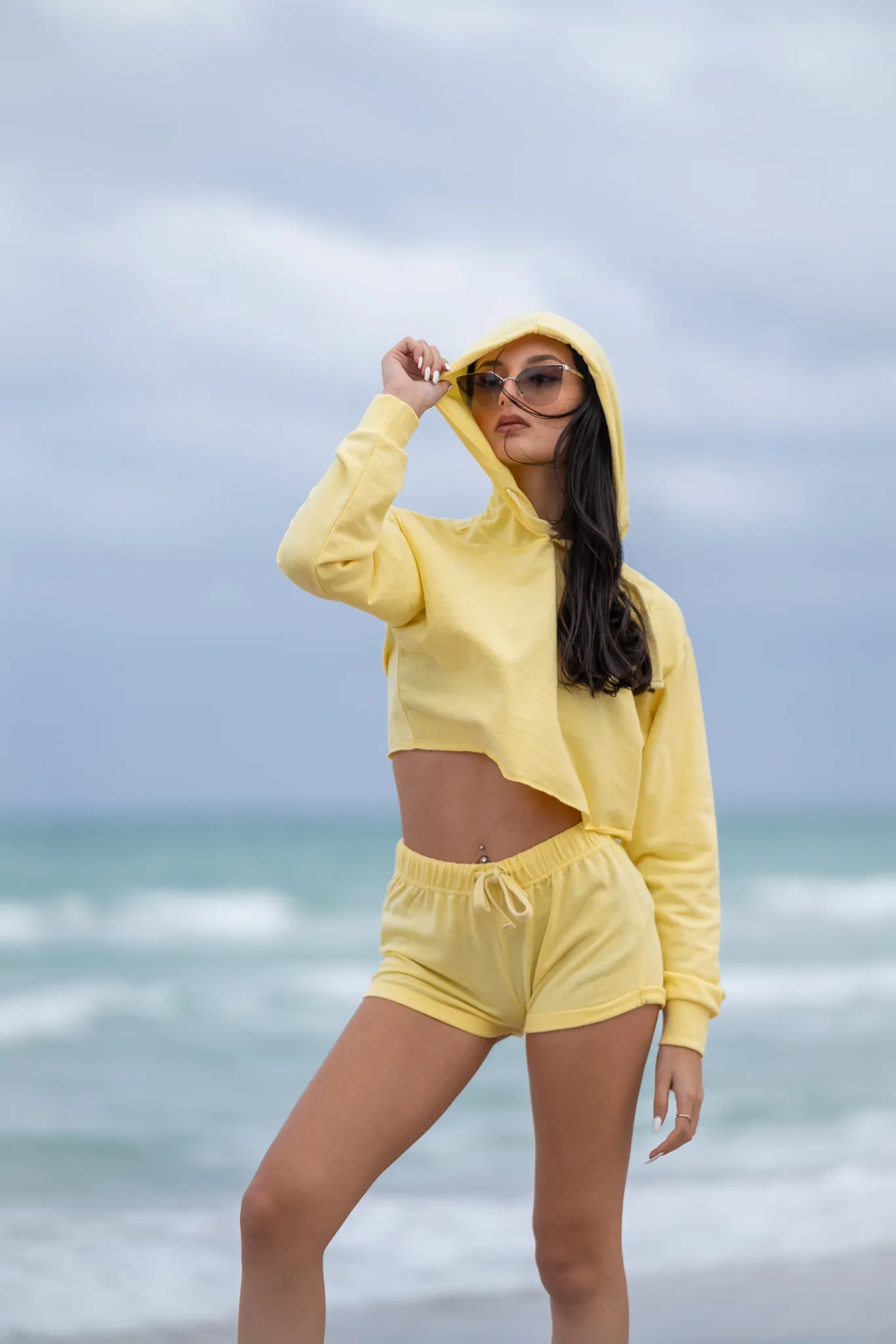 Yellow Long Sleeve Hoodie and Shorts Two Piece Set